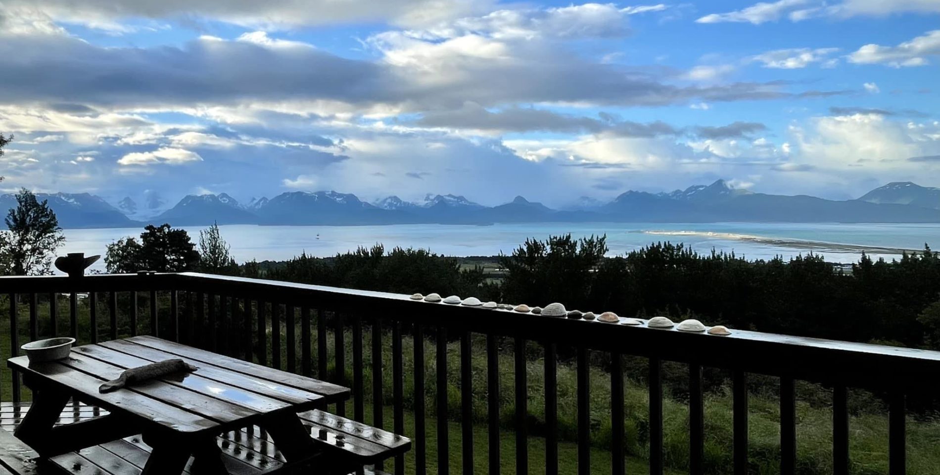 View from the main house's back porch viewing the spit and Kachemak Bay.