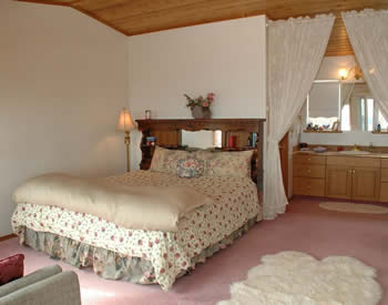 Shows room with king bed, white walls, pink carpeting, lace curtains, and the bathroom vanity and mirror.